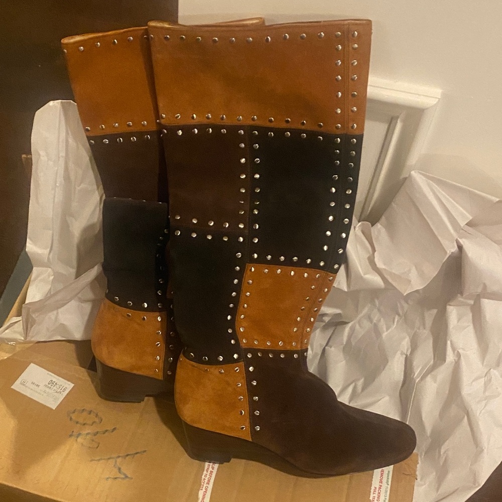Studded Patchwork Heeled Boots in Brown and Tan